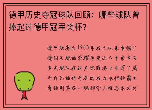 德甲历史夺冠球队回顾：哪些球队曾捧起过德甲冠军奖杯？